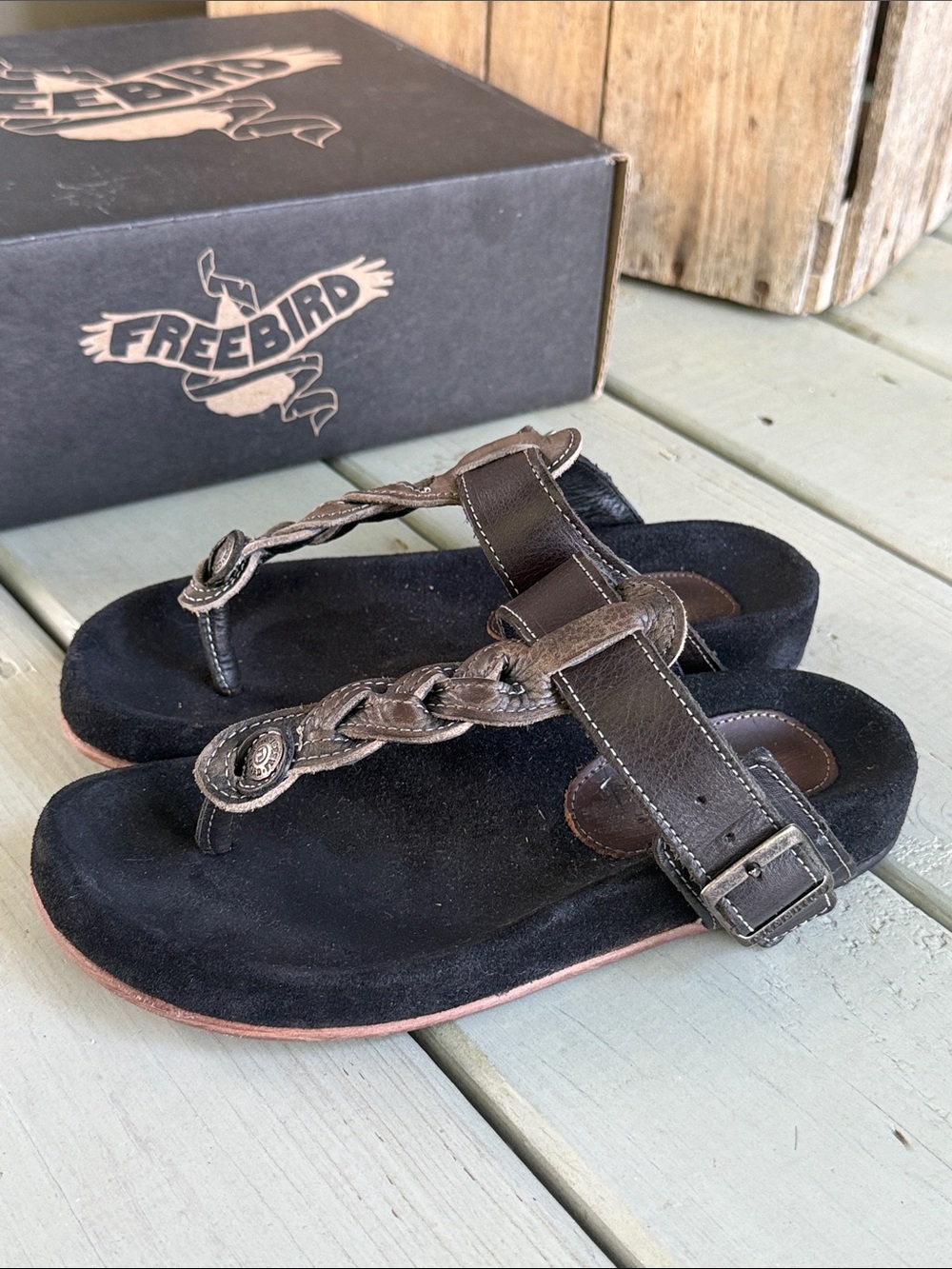 freebird Athena Black Suede Thong Sandals with Brown Braided Accent